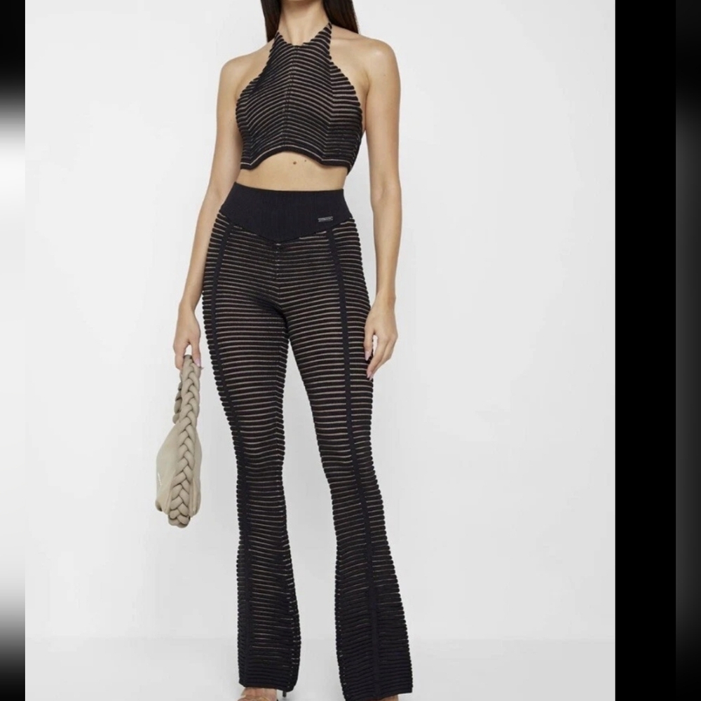 Maniere De Voir Black Sheer Ribbed High-Waist Flare Pants